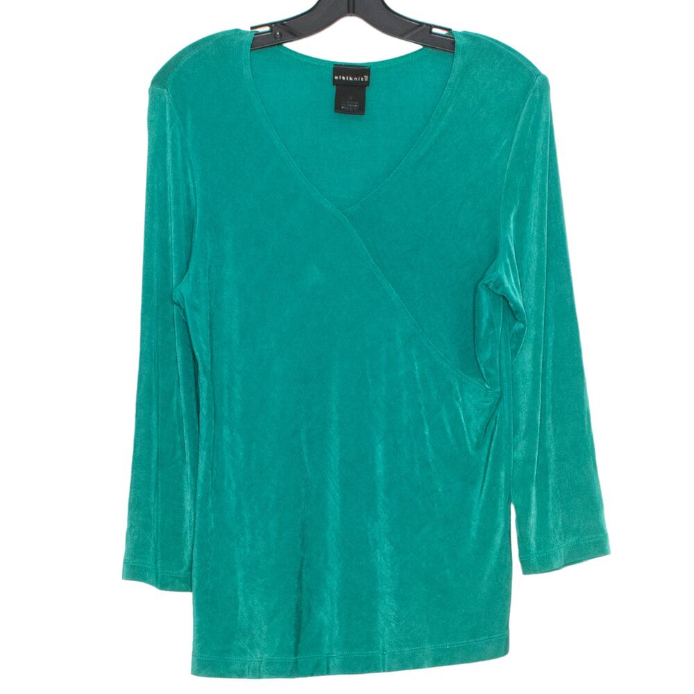 Emerald Green Slinky Knit Top 3/4 Sleeve Stretch S 90s Minimalist Office Work